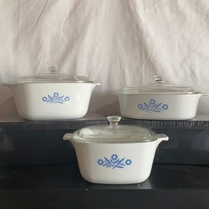 BARGAIN SET OF 3 CORNINGWARE BLUE FLOWER SERVING DISHES WITH LIDS